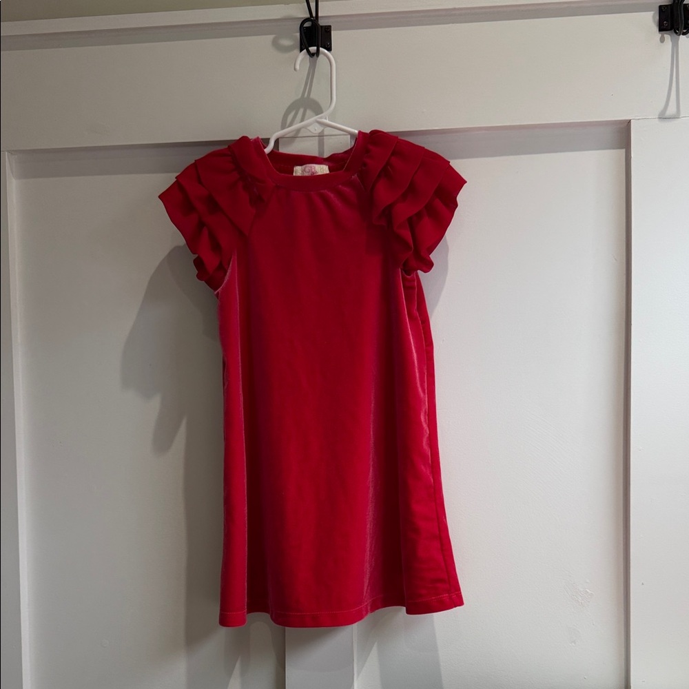 GB Girls Vibrant Red Velvet Ruffle Sleeve Dress Size 5